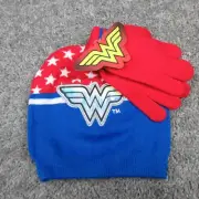 Wonder Woman Hat Beanie and Gloves Set Girls One Size OSFM Blue Red Logo NWT