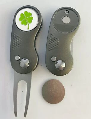 GOLF SWITCHBLADE Lucky SHAMROCK Gray DIVOT REPAIR TOOL + Ballmark Green
