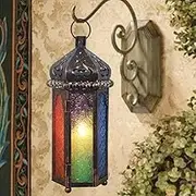 DECORKEY Candle Lanterns Decorative Indoor & Outdoor, 14.4'' Vintage Moroccan Hanging&Tabletop Lantern with 6 Colors Glass, Christmas Halloween Metal Candle Holder for Home Front Porch Patio Decor