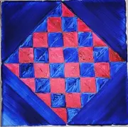 GEOMETRIC RED BLUE- Wood Backed Hand Crafted Canvas Acrylic Painting 8" × 8"