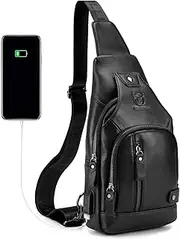 [Nurdo] Men Leather Sling Bag Casual Shoulder Chest Crossbody Bag Hiking Travel Daypack with USB Charging Port