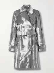 [MICHAEL KORS COLLECTION] MICHAEL KORS COLLECTION - Belted Double-breasted Metallic Calf Hair Trench Coat - Silver - US0 US 0 Silver