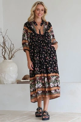 JAASE - Boheme Midi Dress: Piping Defined Bust Slimline Smock Dress In Eterni...
