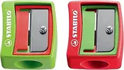 STABILO Sharpener - Woody 3 in 1 Sharpener - for Extra Thick Pencils - Pack of 2 - Green/red, red/Green