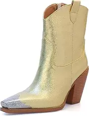 [HoanTiai] Womens Western Boots Engraved Metal Toe Cowgirl Booties Glitter Metallic Stacked Block Ankle Boots Fashion Side Zipper Western Wedding Party Shoes
