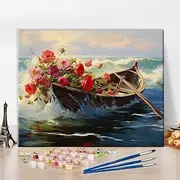 TUMOVO Graffiti Paint by Numbers for Adults Red Flowers in a Boat and Realistic Seascapes Paint by Number Kits On Canvas with Brushes and Pigment for Home Wall Decor, 16x20 Inch