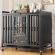 31/38/44 Inch Heavy Duty Dog Crate Cage Kennel with Wheels, Metal Dog Kennels for Large Dogs Indoor Outdoor with Locks,Pet Playpen with Four Lockable Wheels and Removable Tray,Easy to Install (L)