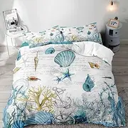 [LUVIVIHOME] 3PCS Nautical Coastal Bedding Set, White Duvet Cover King, Teal Blue Starfish Seashell Conch Coral Seaweed Anchor Rudder Ocean Sea Marine Summer Beach Comforter Quilt Cover, 2 Pillow Cases
