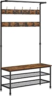 VASAGLE DAINTREE 3-in-1 Entryway Coat Rack and Storage Bench, Pipe Style Hall Tree with 9 Hooks, Multifunctional, Sturdy Steel Frame, Large Size, Industrial, Rustic Brown and Black UHSR47BX