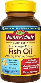 Nature Made Burp-Less Ultra Omega-3†† from Fish Oil 1400 mg Softgels, 45 Count (Packaging May Vary)