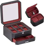 ROTHWELL Gift Set 6 Slot Leather Watch Box and 2 Watch Travel Case - Luxury Watch Case Organizer, Microsuede Liner, Locking Mens Jewelry Watches Holder, Storage Boxes Glass Top (Black/Red Gift Set)
