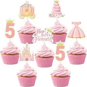 Sursurprise Princess Theme 5th Birthday Party Decorations Pink Gold, 24PCS Her Royal Fiveness Cupcake Toppers, Crown Castle Wedding Dress Cake Picks, 5 Years Old Birthday Party Supplies