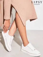 Lipsy White Wide Fit Flat Chunky Lace Up Faux Leather Trainers (AL5651) | $90
