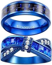 [Ringcrown] 2 Rings His and Her Rings Couple Rings Blue Rings Cz Womens Wedding Ring Titanium Steel Man Wedding Bands