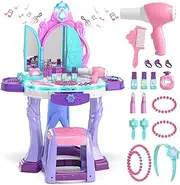 Lehoo Castle Pretend Play Kids Vanity Table and Chair Set, Kids Makeup Set for Girl, Dressing Table Makeup Vanity with Mirror, Accessories and Lights and Music Sound for Girls