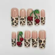 Leopard Print With Cherry Long Square Press On Nail, Custom Design Nail Art,