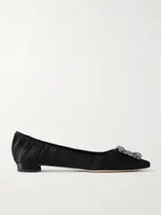 [Manolo Blahnik] Manolo Blahnik - Hangisi Crystal-embellished Pleated Satin Point-toe Flats - Black - IT40 IT 40 Black