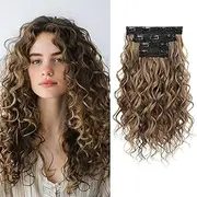 LunarCharm 4 Pieces Curly Hair Extensions 40 cm Clip in Hair Extensions Short Curly Invisible Natural Hairpieces for Women Chocolate Brown with Highlights