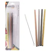 Appetito Set 4 METALLIC Straight Stainless Steel Straws + Cleaning Brush