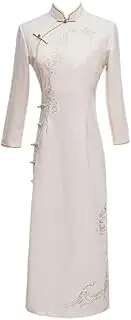 [AIMALL] Elegant Traditional Chinese Cheongsam for Girls, High-Quality Embroidered Qipao, White with Gold and Silver, Sizes 31.5-35.4 Inches