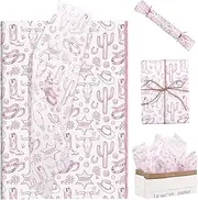100Pcs 20 × 14 Inches Western Tissue Paper for Gift Bags Cowboy Boots Hat Cactus Printed Tissue Paper for Gift Wrapping for Birthday Party Baby Shower DIY Craft (Pink)
