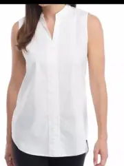 Eileen Fisher Tunic Organic Cotton Blouse Sleeveless Mandarin Collar White Large
