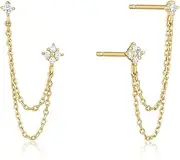 [FLYYQMIAO] Delicate Double Piercing Dangle Chain Ear Studs for Women Men 14K Gold/Sterling Silver/Rose Gold Cubic Zirconia Studs Tassel Chain Small Wedding Party Dangling Sparkling Earrings (Gold)