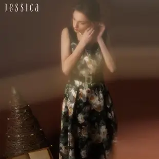 【JESSICA】摩登華麗花卉印花桃心領長禮服洋裝G34704