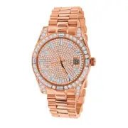 Solid Steel 18K Rose Gold Baguette Simulated Diamond Men's President Watch 40 mm