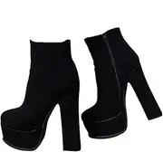[Frankie Hsu] Fashion Goth Women's Large Big Size Black Synthetic Suede Leather Platform Chunky Block High Heels Ankle Heeled Boots Shoes