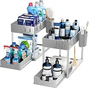 Puricon 2 Pack Under Sink Organizers and Storage Pull Out Sliding Drawer, 2 Tier Multi-Purpose Kitchen Under The Sink Organizer Under Bathroom Sink Shelf Storage Rack for Countertop Laundry -Grey