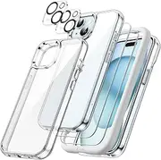 JETech 5 in 1 Case for iPhone 15 6.1-Inch with 2-Pack Each Tempered Glass Screen Protector and Camera Lens Protector, Non-Yellowing Shockproof Bumper Phone Cover (Clear)