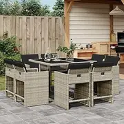 9 Piece Garden Dining Set with Cushions, All Weather Patio Furniture Set for Backyard Garden Deck Poolside, Light Grey Poly Rattan
