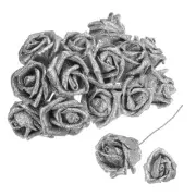 50pcs Glitters Roses Artificial Flowers, Fake Roses with Stems, Silver