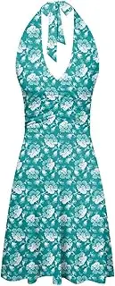 [Generic] Fashion Women Summer Sundress Sleeveless Halter Deep V Neck Backless Boho Floral with Pocket Elastic Waist Ruffle Midi Dress