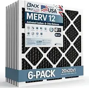 BNX TruFilter 20x20x1 MERV 12 Oder Defense (6-Pack) AC Furnace Air Filter with Activated Carbon - MADE IN USA - Pleated Air Conditioner HVAC AC Furnace Filters - Removes Odor, Mold, Bacteria, Smoke