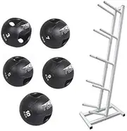 HCE Dual Grip Medicine Exercise Ball Set 3kg, 5kg, 7kg, 9kg and 10Kg Commercial Weighted Double Handle Med Balls with One-Sided Tree Rack, Therapy Medball Stand for Plyometrics, Training, Yoga, Floor & Abs Workouts Fitness