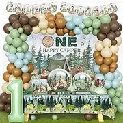 One Happy Camper Birthday Decorations, First Birthday Party Decorations, Camping 1st Birthday Decorations, Camp Themed Backdrop Banner Balloon Tablecloth Cake Topper Plates Napkins Forks