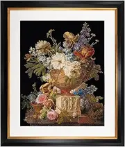Thea Gouverneur - Counted Cross Stitch Kit - Flower Still-Life with an Alabaster Vase - Aida Black - 18 Count - for Adults - DMC Embroidery Threads and Other Cross Stitch Supplies Included - 580.05