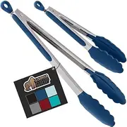 GORILLA GRIP Stainless Steel Heat Resistant Kitchen Tongs for Cooking, 9 + 12 Inch, Set of 2 BBQ Tong, Non Scratch Silicone Tip for Pan, Strong Grip, Grab Food, Toss Salad, Air Fryer, Pull Lock, Blue
