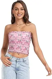 [RPLIFE] Cute Pig Faces Pink Crop Tube Top Mesh Tube Tops, Womens Strapless Top, Coastal Summer Clothes (S)