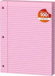 Pink Loose Leaf Paper 100 Sheets Colored Filler Paper 8 * 10.5 College Ruled 3-Hole Punched Paper for 3-Ring Binders Notebook Lined 8" x 10.5"