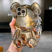 Cute Case for iPhone 14 Pro 6.1', 3D Cartoon case Gold Teddy Bear Sparkle Bling Cover with Metal Chain Strap Bell Pendant, Fashion Plating Soft TPU S