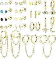 [Sanfenly] 15 Pairs Small Earrings Set for Women Men Surgical Steel Dangle Hoop Earrings Hypoallergenic Cartilage Stud Earrings Star Moon Zirconia Tiny Piercing Earrings Set for Multiple Silver/Gold