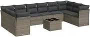 vidaXL 11-Piece Modular Garden Sofa Set - Grey PE Rattan Patio Furniture with Cushions & Glass-Top Table