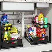 2-Pack Pull Out 2 Tier Under Sink Organizer - Specifically for Kitchen and Bathroom, Height - Adjustable Metal Storage Shelves with Smooth - Sliding Drawer Design, (Black)