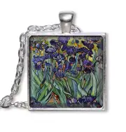 Van Gogh's Vintage Art Irises Flowers Handmade SQUARE Glass Pendant Necklace