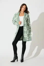 Kinney Knit Cardigan Full Length Sleeve in Green Sage with Flower S/M