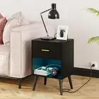 Nightstand with Charging Station and LED Lights, Small Side Table, Black