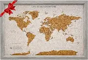 Splosh Travel Map - World Map Pin Board in Grey, Wooden Frame. World Map Cork Board with 100 Pins in 2 Colours to Mark Your Past and Future Adventures. Framed World Maps for Wall.